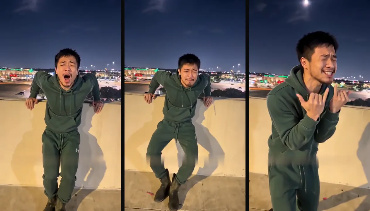 Choosin Texas emo AI trend sample made with AI Rapping: the moody close-up lip-sync on a rooftop at night