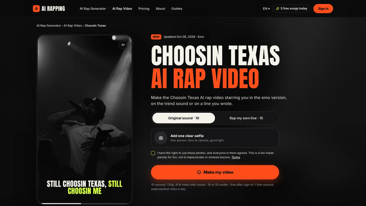 Choosin Texas trend template page on AI Rapping, with the selfie upload and the two sound modes