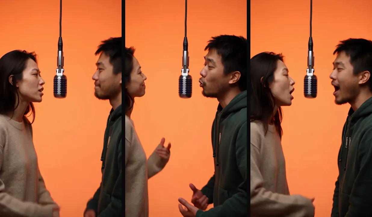 Hotel Lobby AI trend sample made with AI Rapping: two people trading lines at one mic in an orange studio