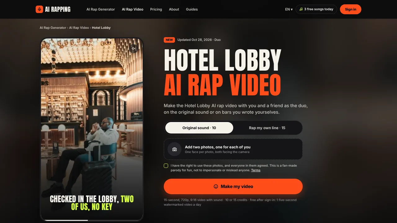 Hotel Lobby AI rap video template page on AI Rapping, with one photo slot for each of the duo