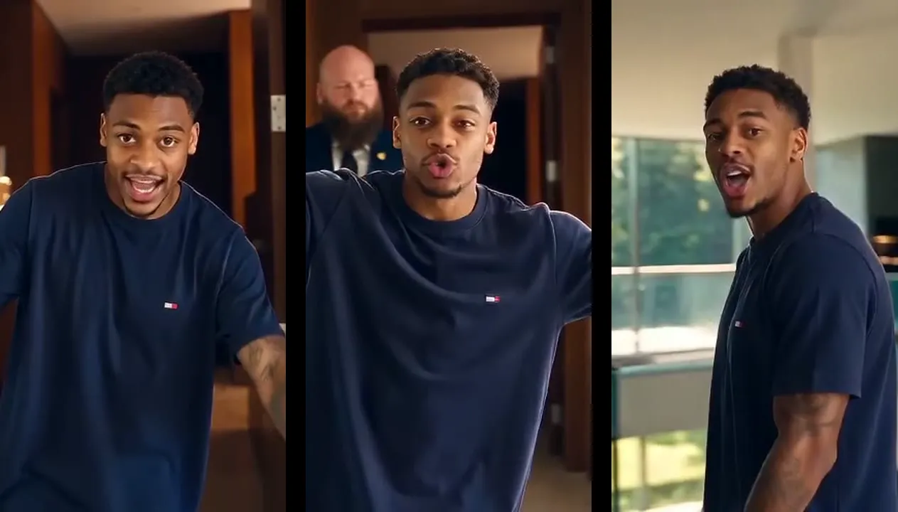 Popstar AI trend sample made with AI Rapping: rapping to camera in the mansion hallway, a bodyguard behind, and on the glass balcony