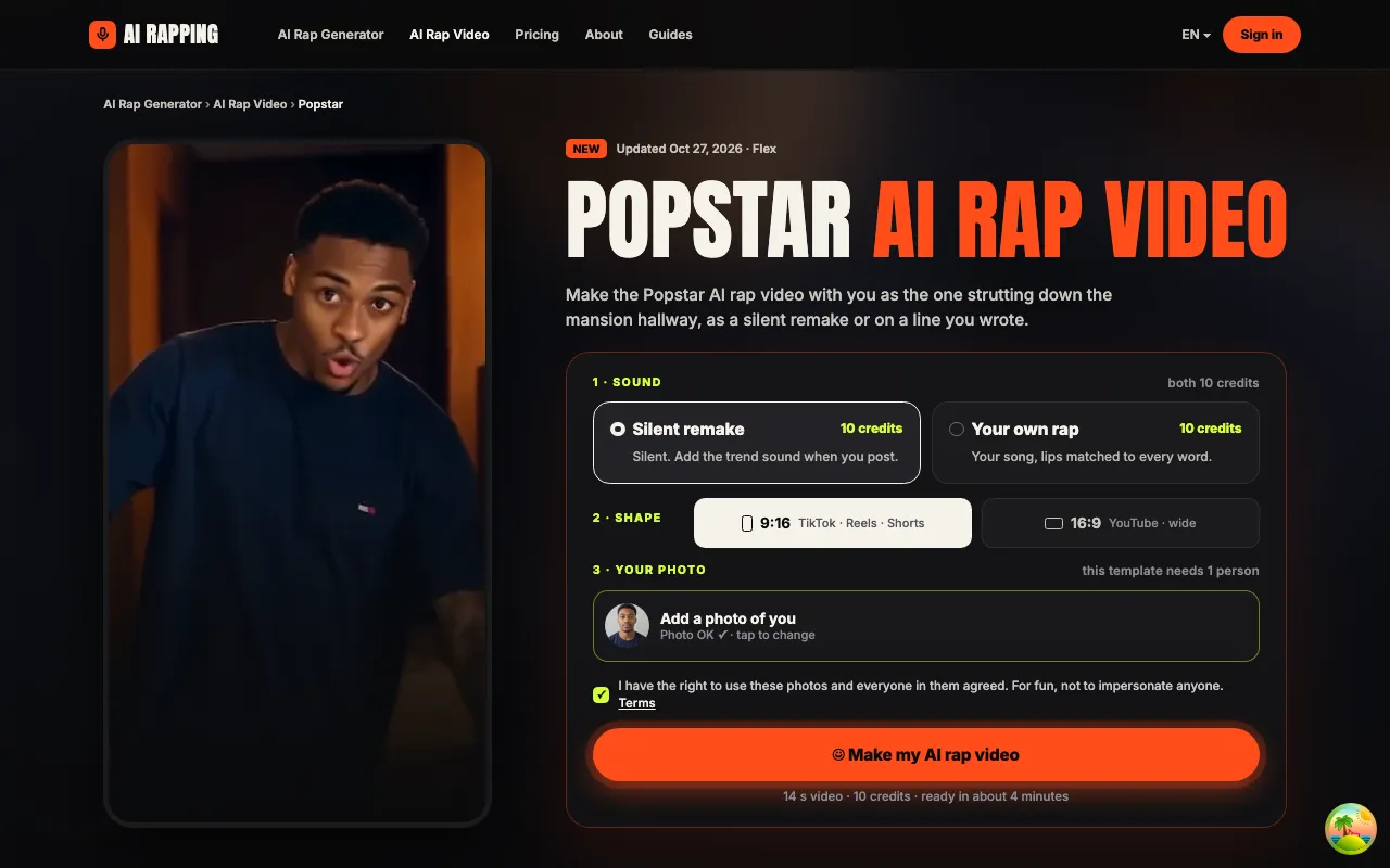 Step 1 on the Popstar template page: a photo added, the consent box ticked, Silent remake selected