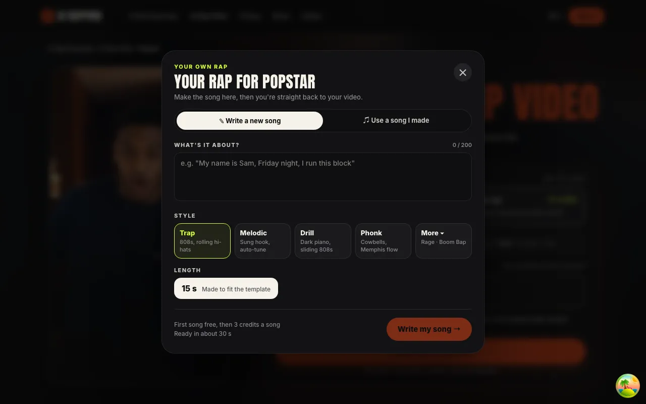 Step 2 on the Popstar template page: the Your own rap song box, with what the rap is about, the style and the 15 second length