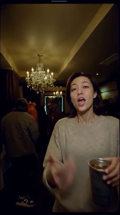 Burning Bridges AI video template: host at a chandelier-lit party