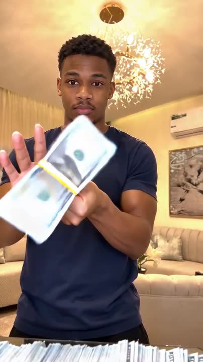 AI money flex template: holding a bundle of hundred-dollar bills to the camera